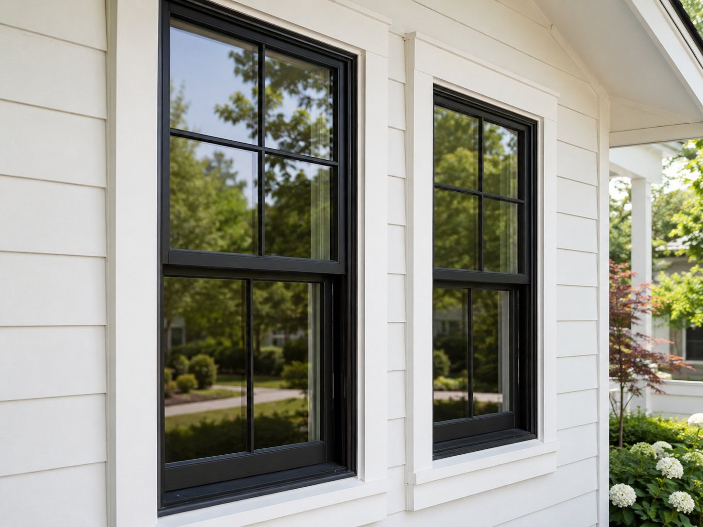Black-framed double-hung replacement windows on a residential home exterior