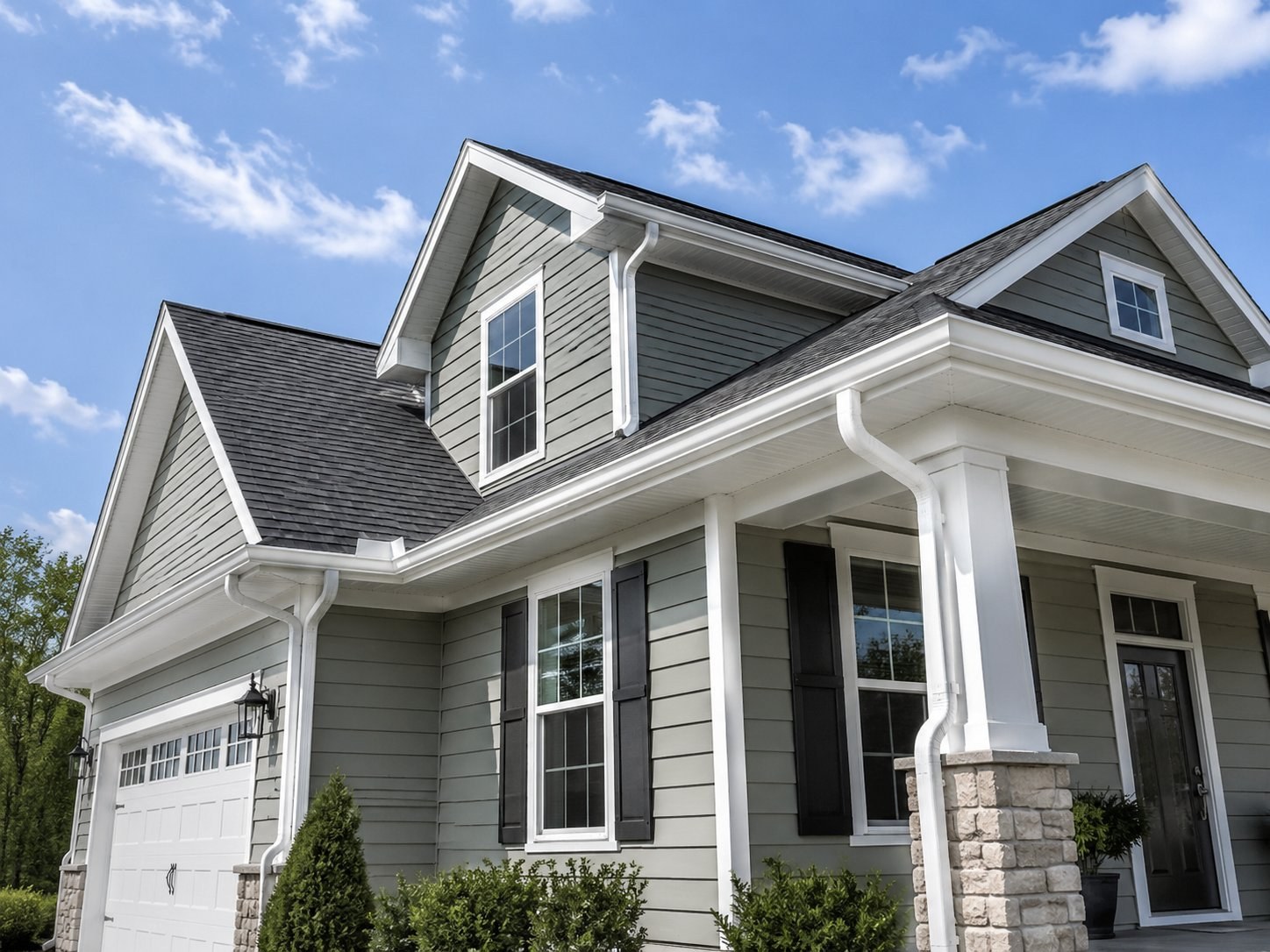 Complete white seamless gutter system on a Midwest home with stone accents