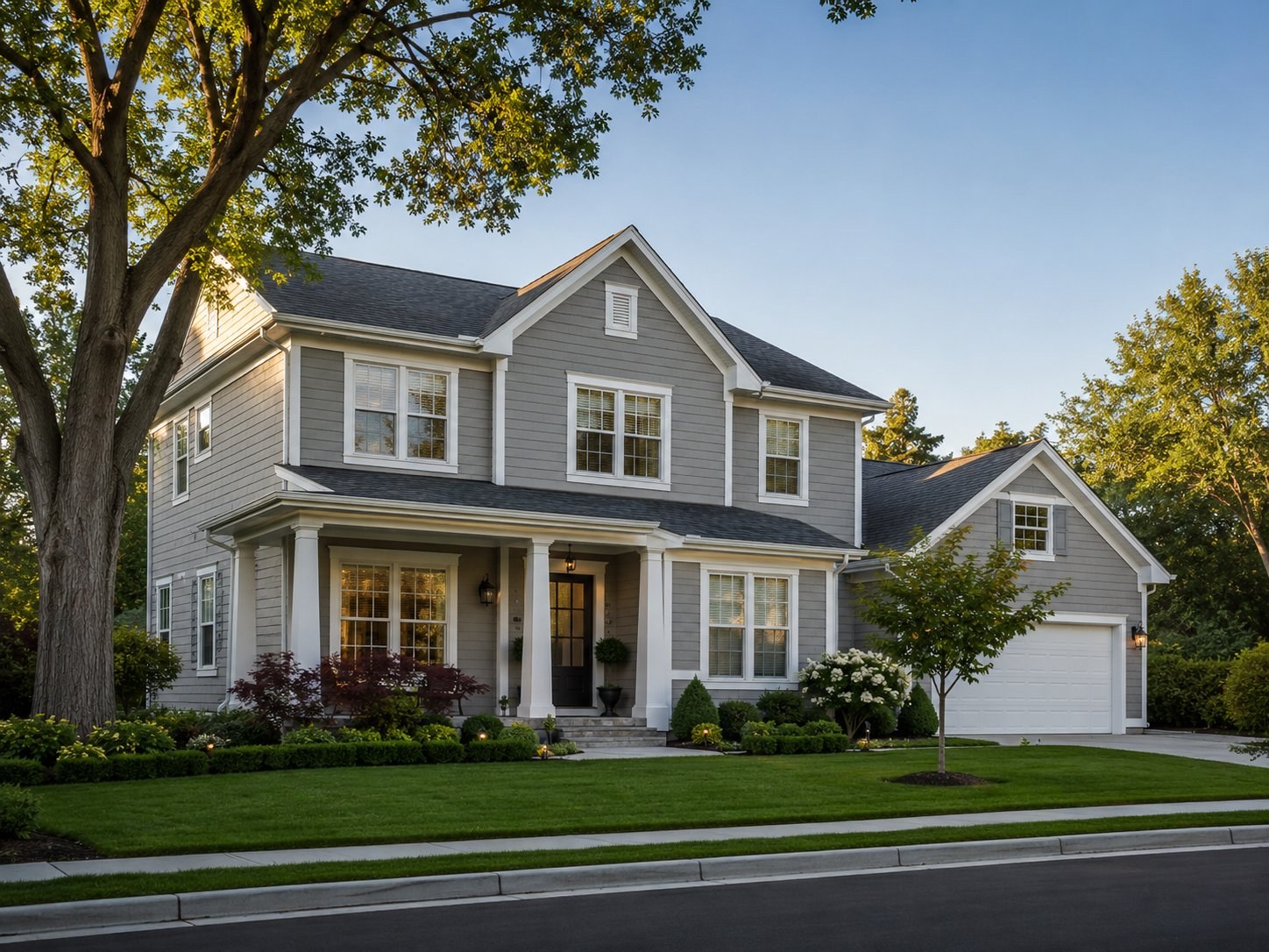 Two-story Midwest home with completed gray fiber cement lap siding and white trim