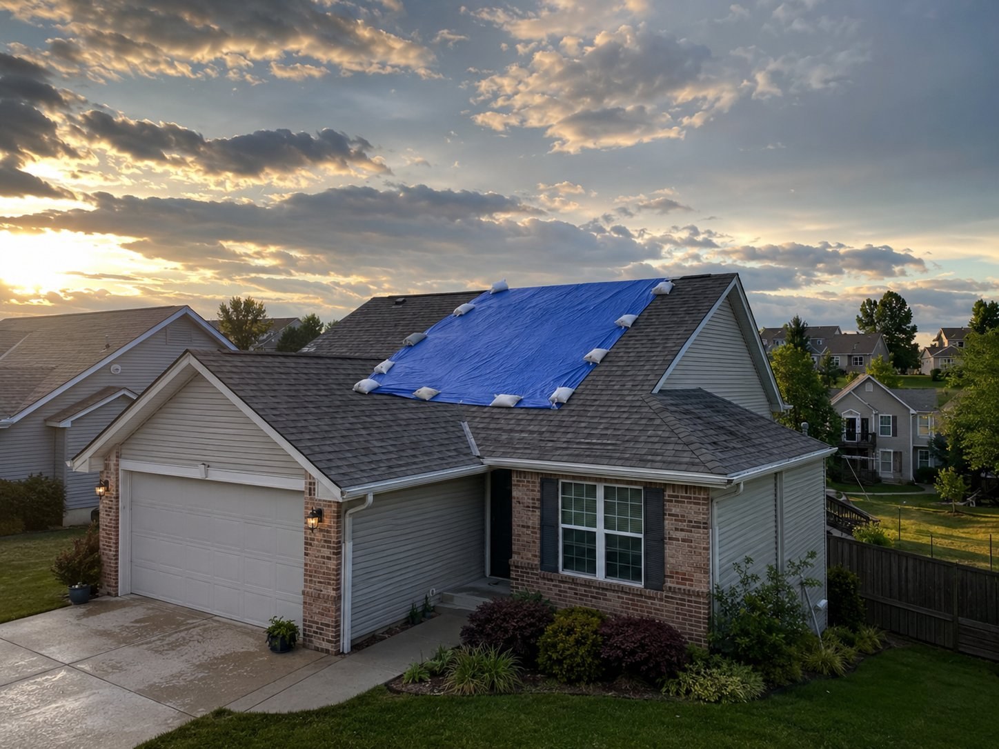 Emergency blue tarp installed over a storm-damaged roof in an Omaha-area neighborhood
