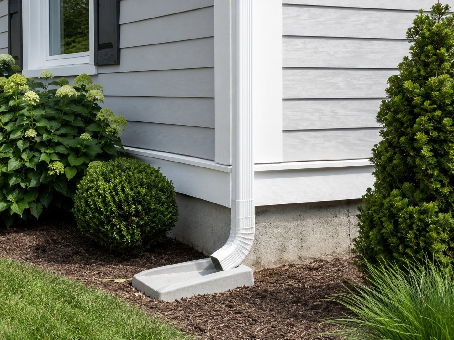 White aluminum downspout meeting a concrete splash block at the corner of a residential home