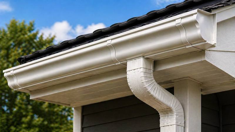 Seamless white aluminum gutters and downspout on a residential home