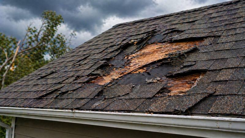 Hail and storm damaged asphalt shingles on a roof needing repair