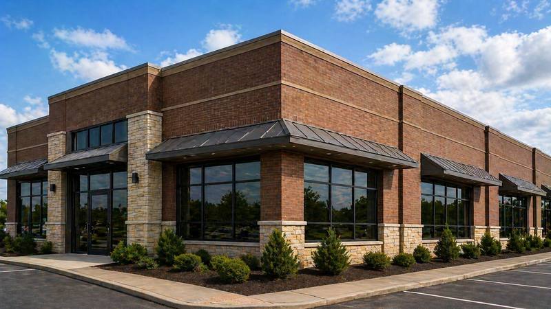 Commercial brick building exterior — Patriot Peak provides real estate roof inspections in Omaha