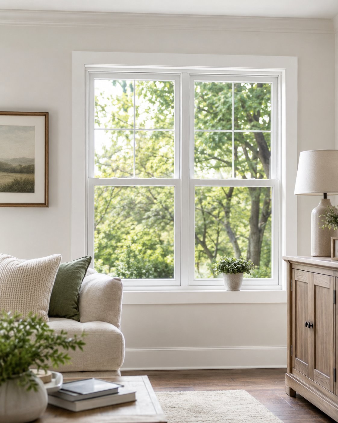 Interior view of a new white-trimmed double-hung window letting natural light into a residential living room