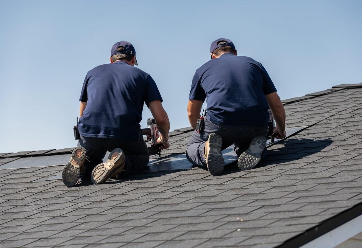 Patriot Peak roofing crew installing dark architectural asphalt shingles on a residential roof
