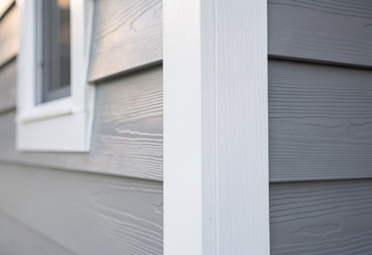 Architectural close-up of soft gray lap siding meeting crisp white trim