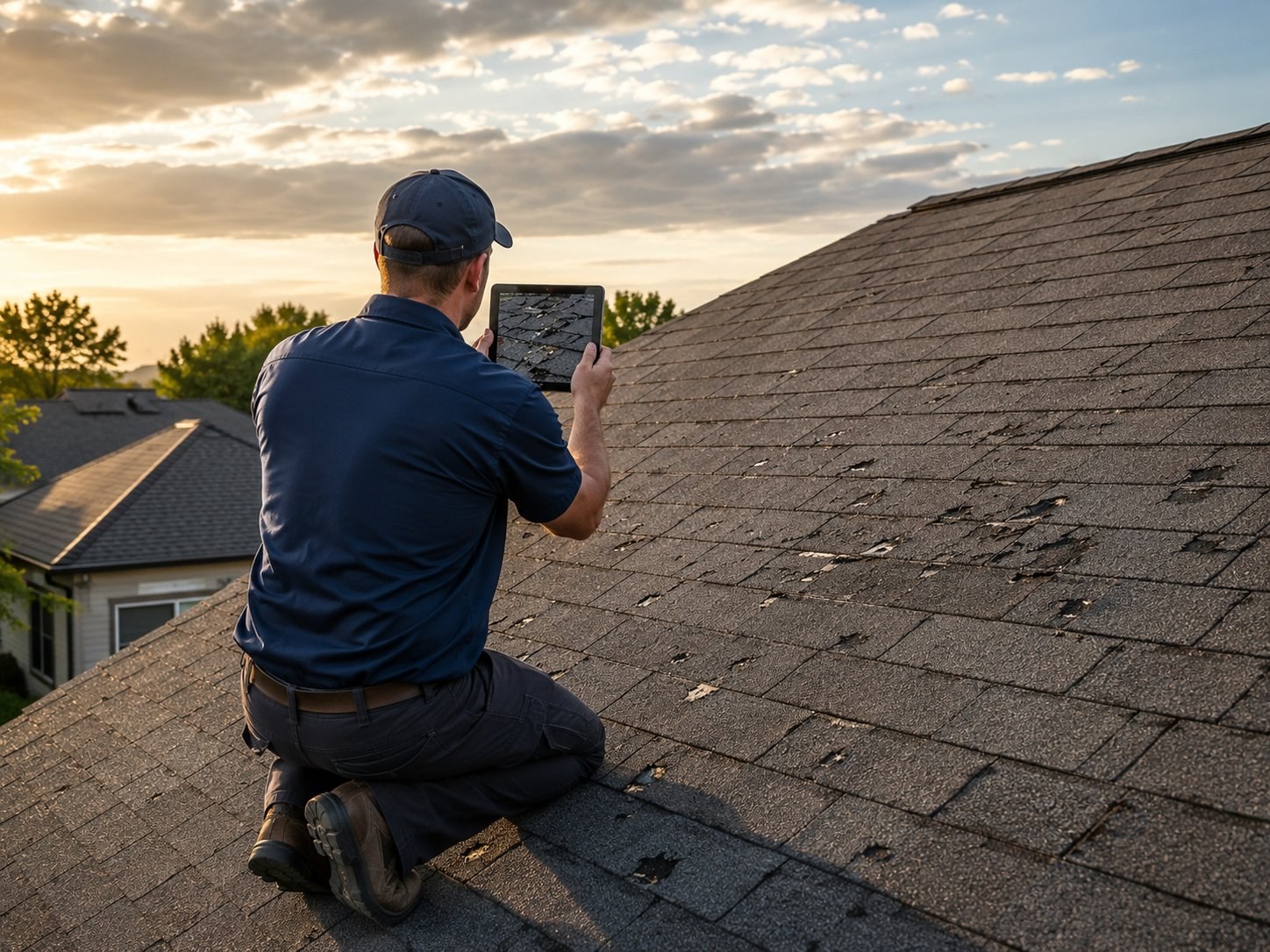 Patriot Peak inspector using a tablet to document roof condition for a real estate transaction